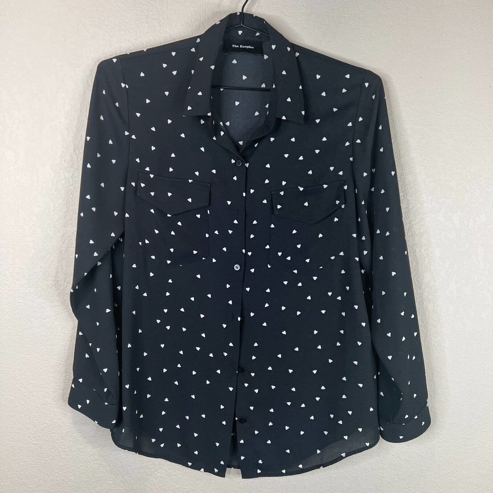 The Kooples Womens Dame de Coeur Shirt Top Sz 2 Black/White Heart-Print Chiffon
